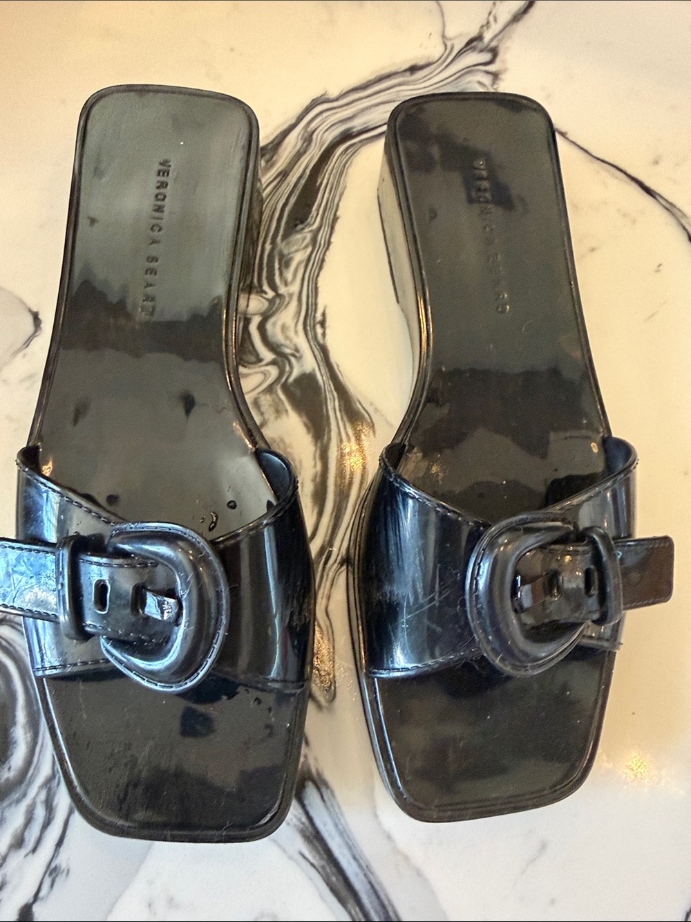 Veronica Beard Black Patent Buckle Slide Mules